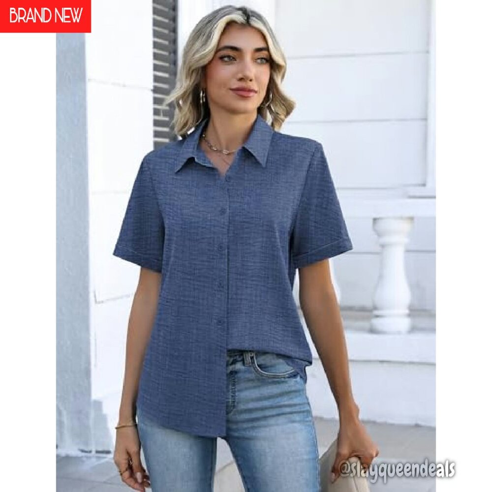 Short Sleeve Button Down Blouse - Soft Stretch Fa… - image 5